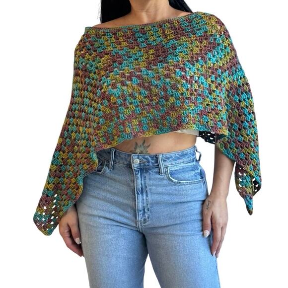 Handmade Crochet Poncho Multicolor Boho Chic Cabincore Festival Layer One Size - Picture 1 of 8